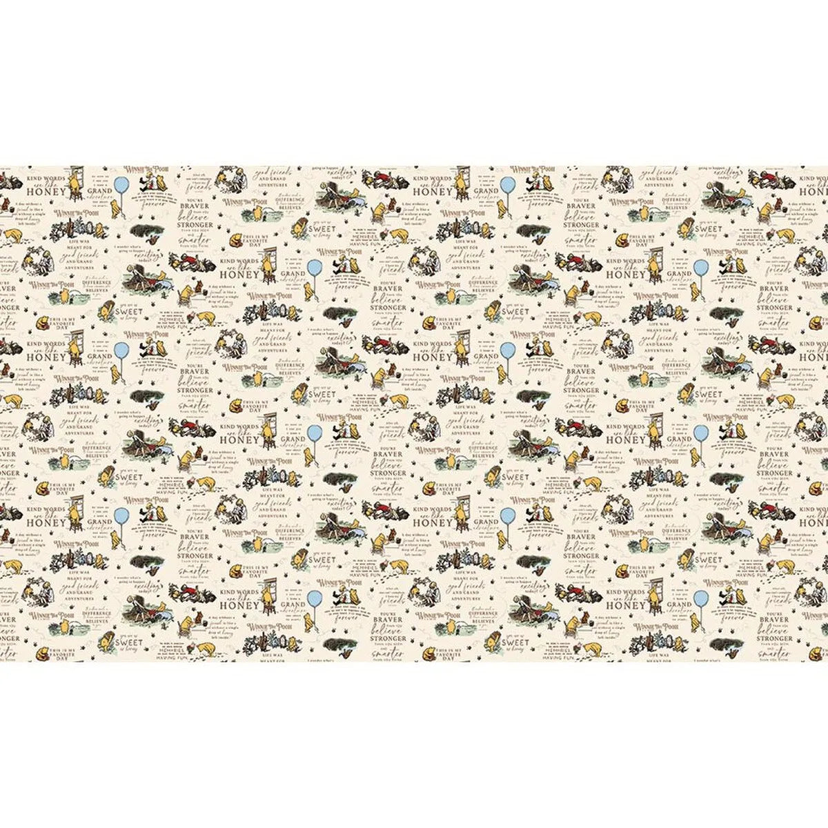 Patterned fabric with illustrations and text on a white background