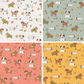 Four different patterns of dogs and puppies with various colors and designs.