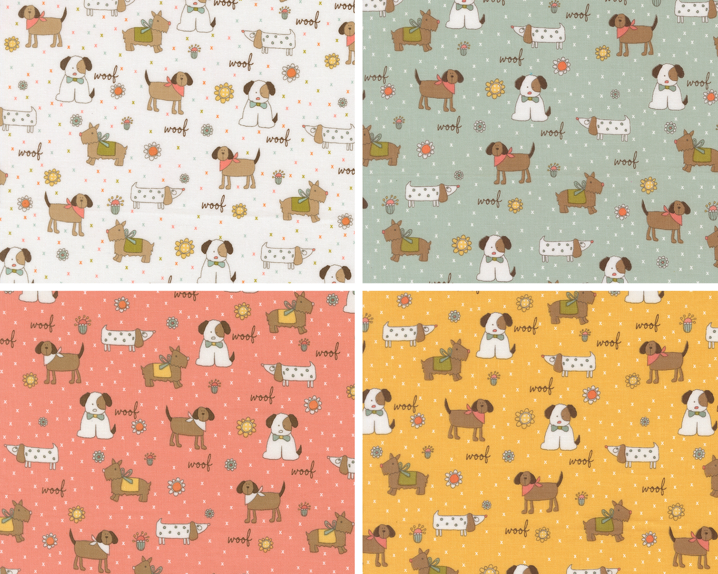 Four different patterns of dogs and puppies with various colors and designs.
