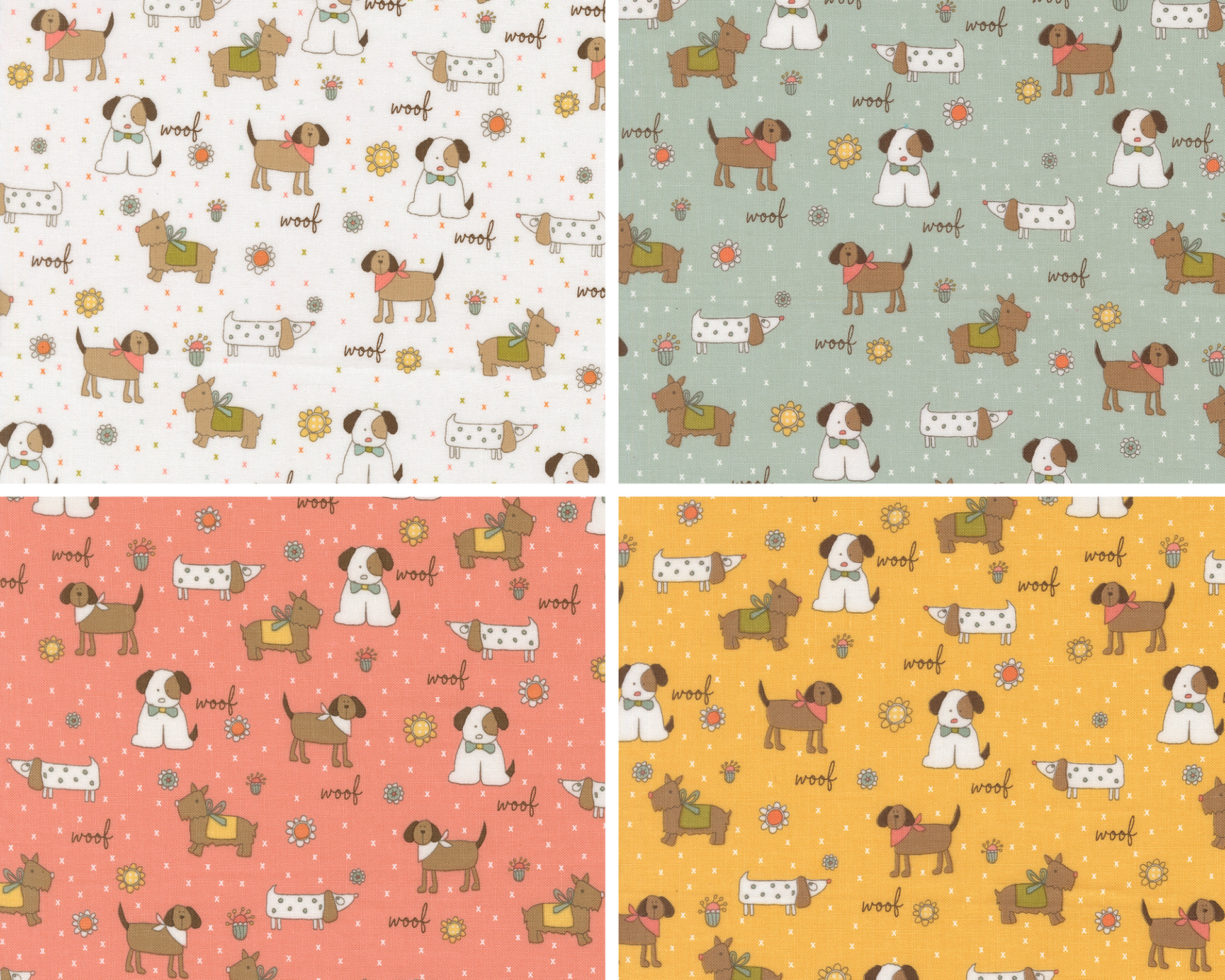 Four different patterns of dogs and puppies with various colors and designs.