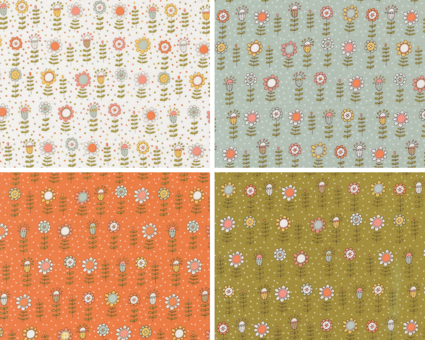 Four different patterns of small flowers on a dotted background