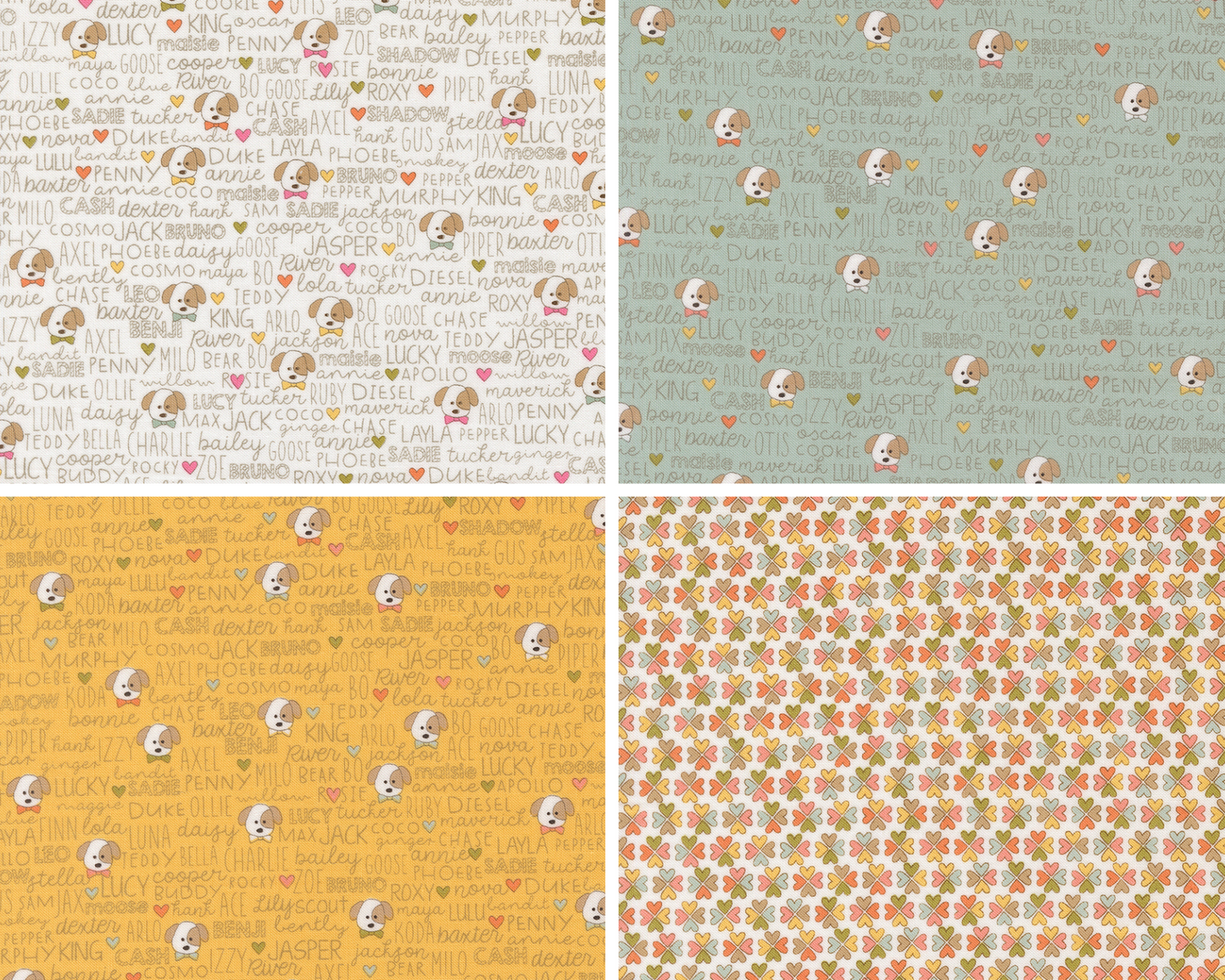 Three different fabric patterns with dogs and hearts on a grid. 1 Fabric with multicolored Shamrocks on a white background.