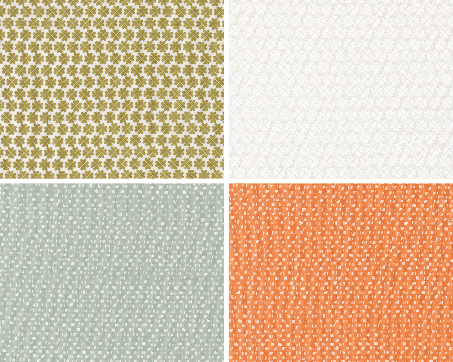 Four different patterns arranged in a grid on a white background. 2 are Shamrocks on a solid background, 2 are texture on a solid background.