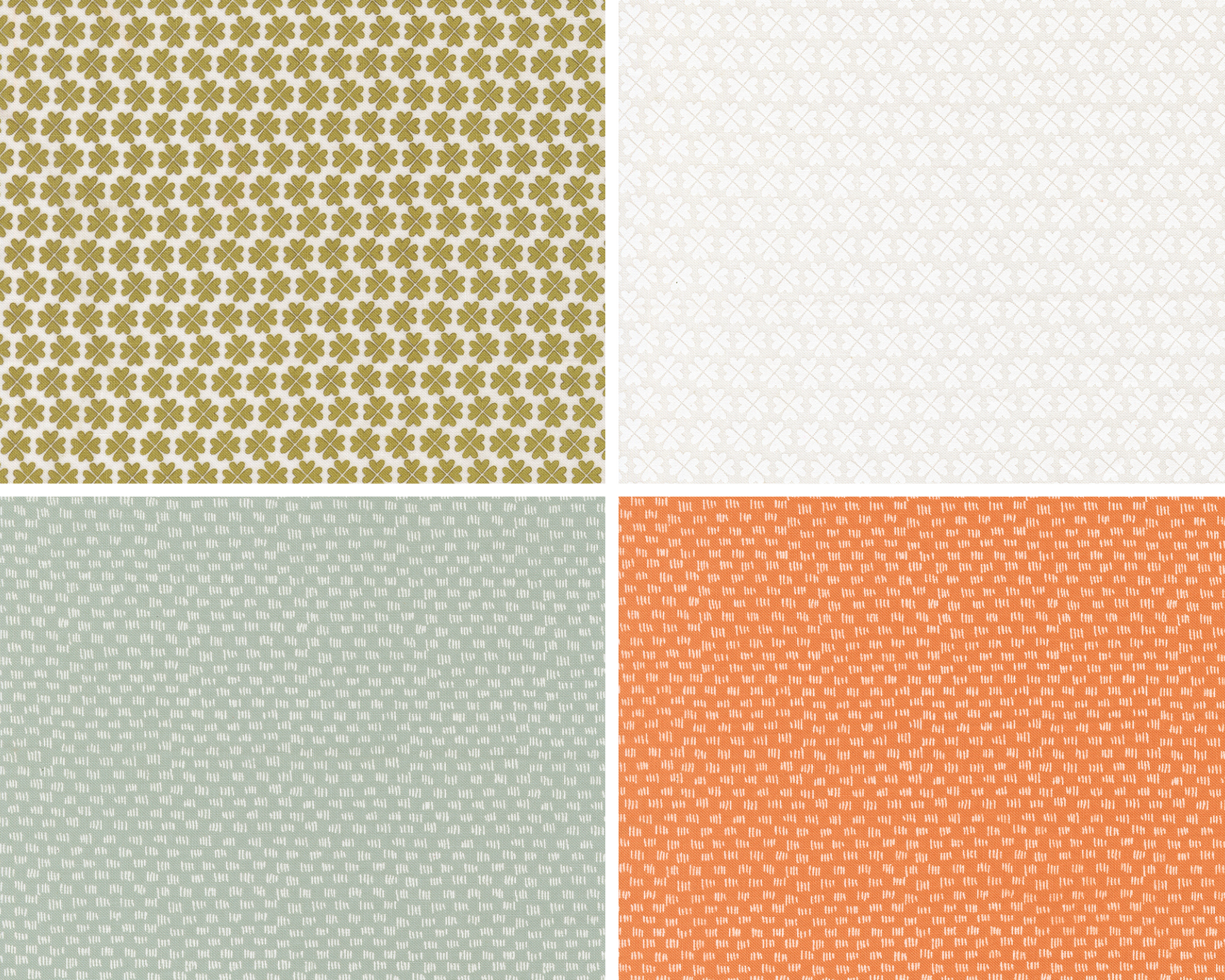 Four different patterns arranged in a grid on a white background. 2 are Shamrocks on a solid background, 2 are texture on a solid background.