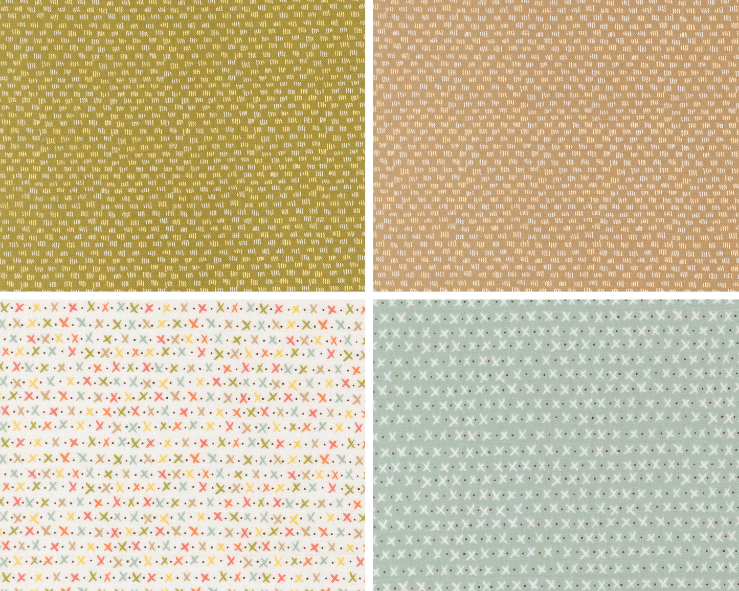 Four different texture and geometric fabric patterns arranged in a grid on a solid background.