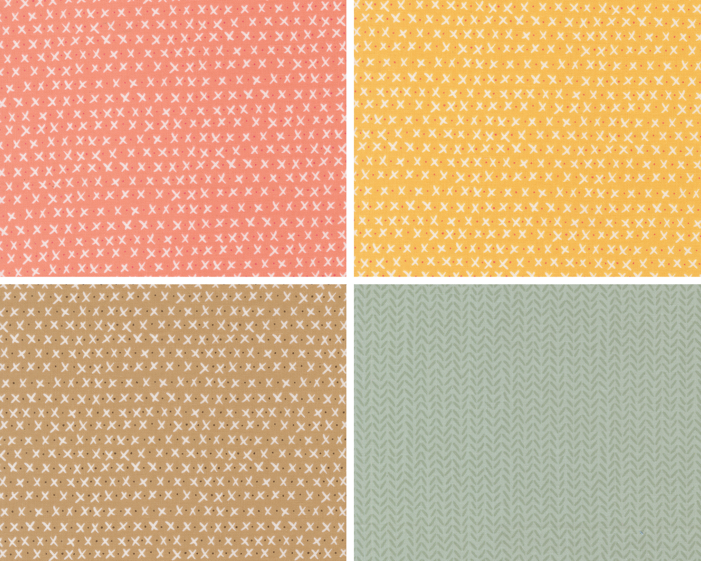 Four different patterned tiles in pink, yellow, brown, and green.