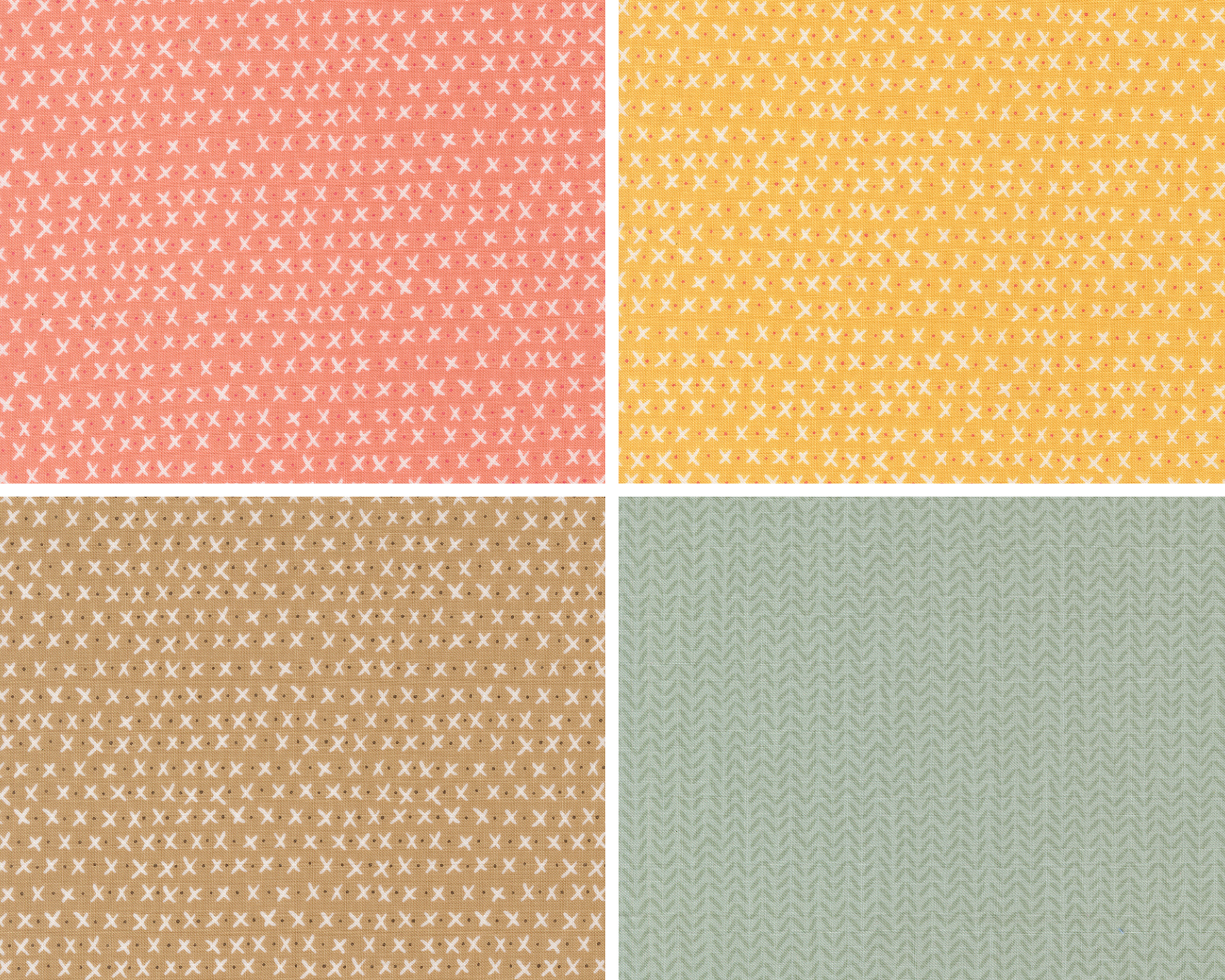 Four different patterned tiles in pink, yellow, brown, and green.