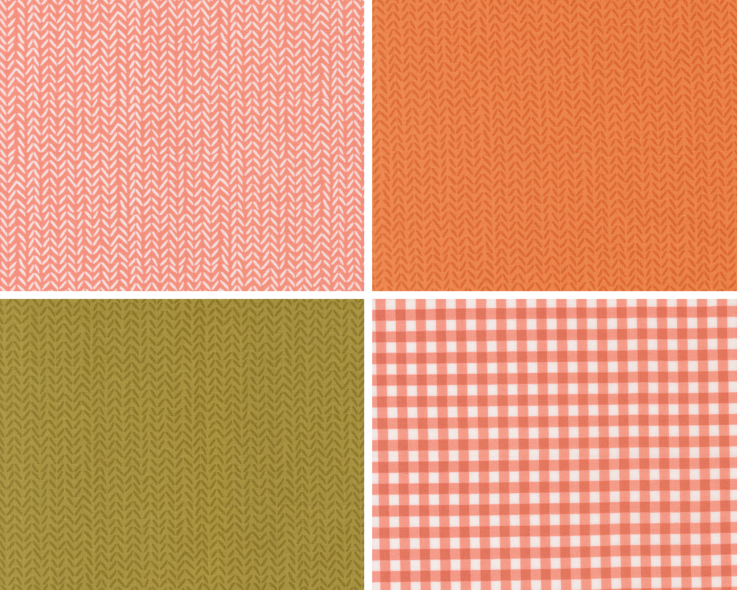 Four fabric texture swatches in pink, orange, green, and red checkered pattern.