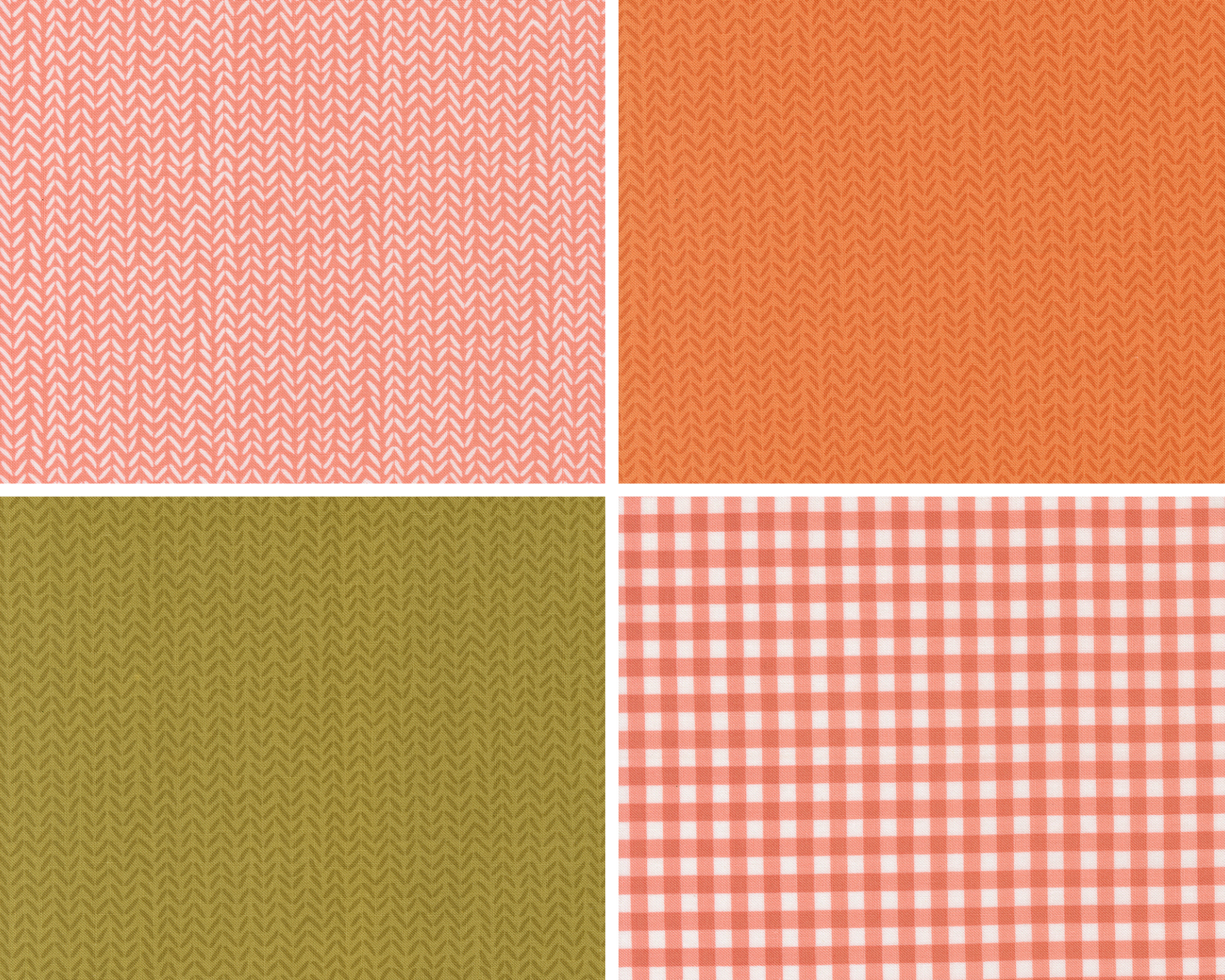 Four fabric texture swatches in pink, orange, green, and red checkered pattern.