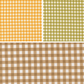 Three different gingham patterns in yellow, green, and brown.