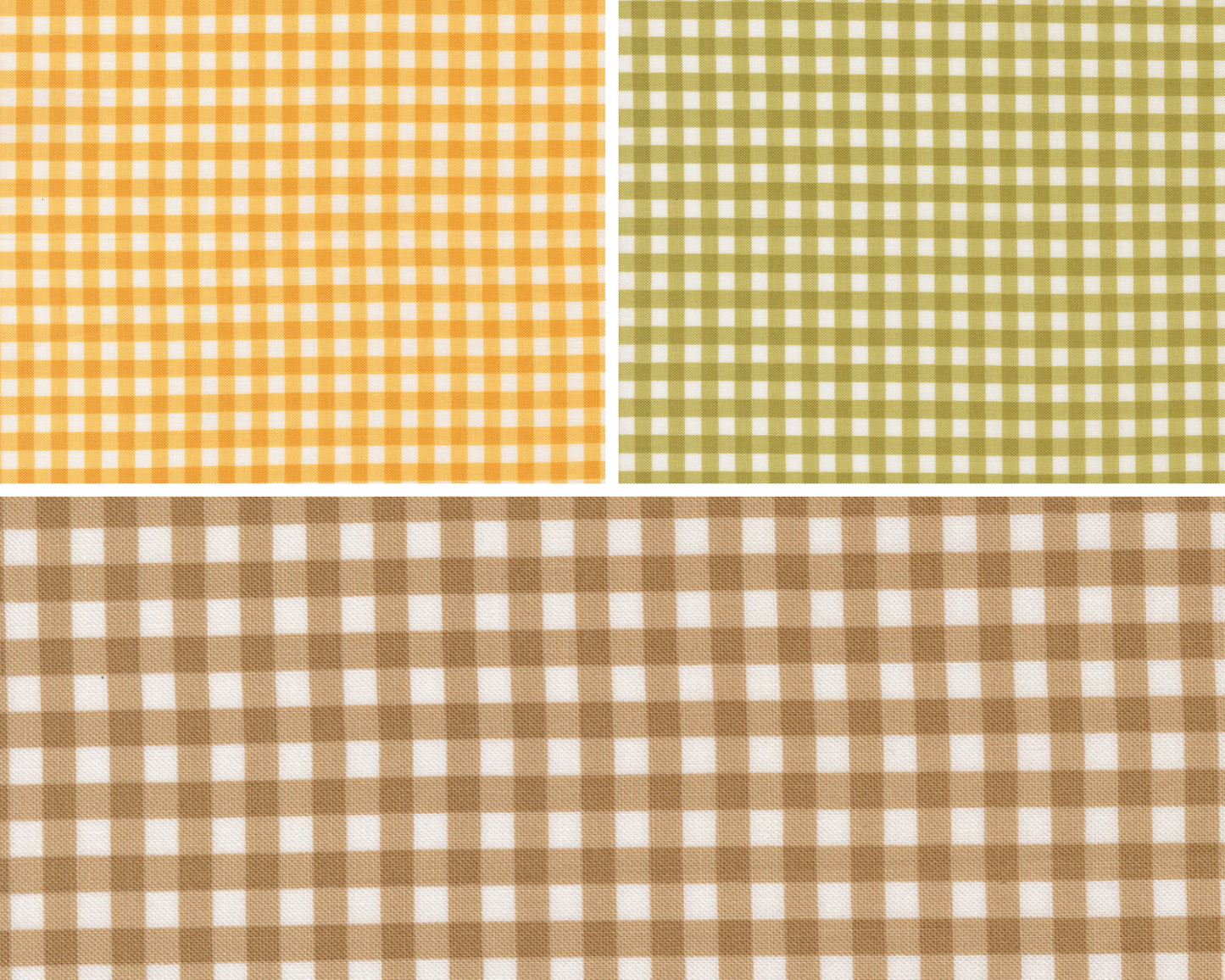 Three different gingham patterns in yellow, green, and brown.