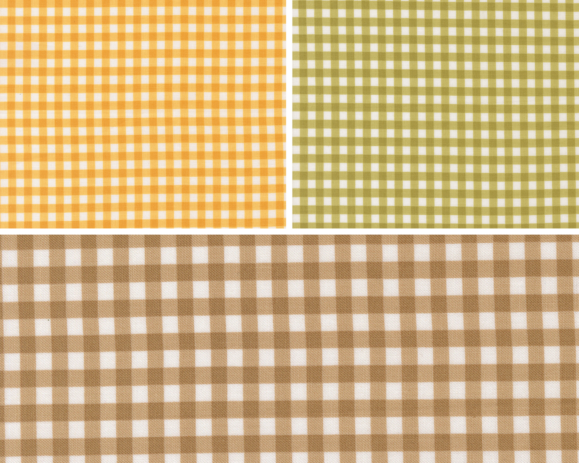 Three different gingham patterns in yellow, green, and brown.