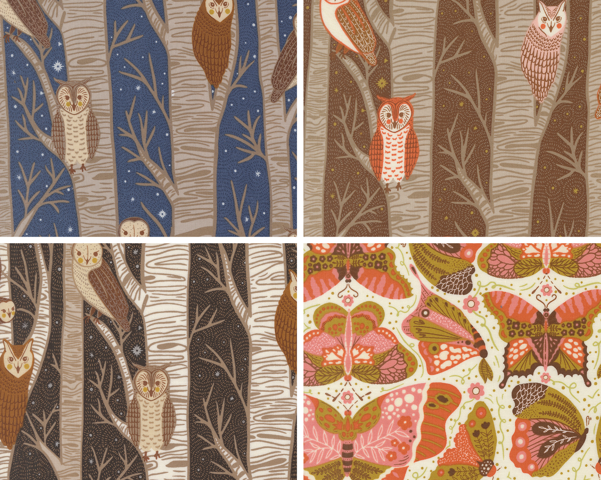 Collection of fabric patterns featuring owls and nature elements.