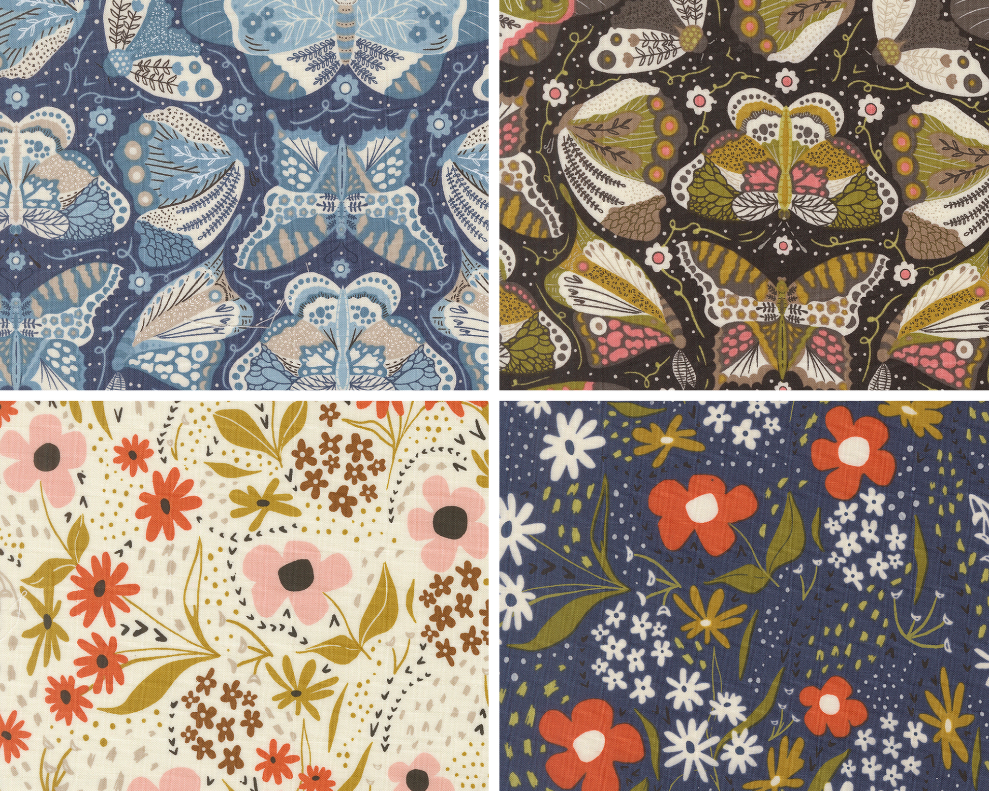 Four different floral and butterfly patterns arranged in a grid.