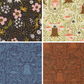 Four different floral fabric patterns and woodland fabrics motifs arranged in a grid.