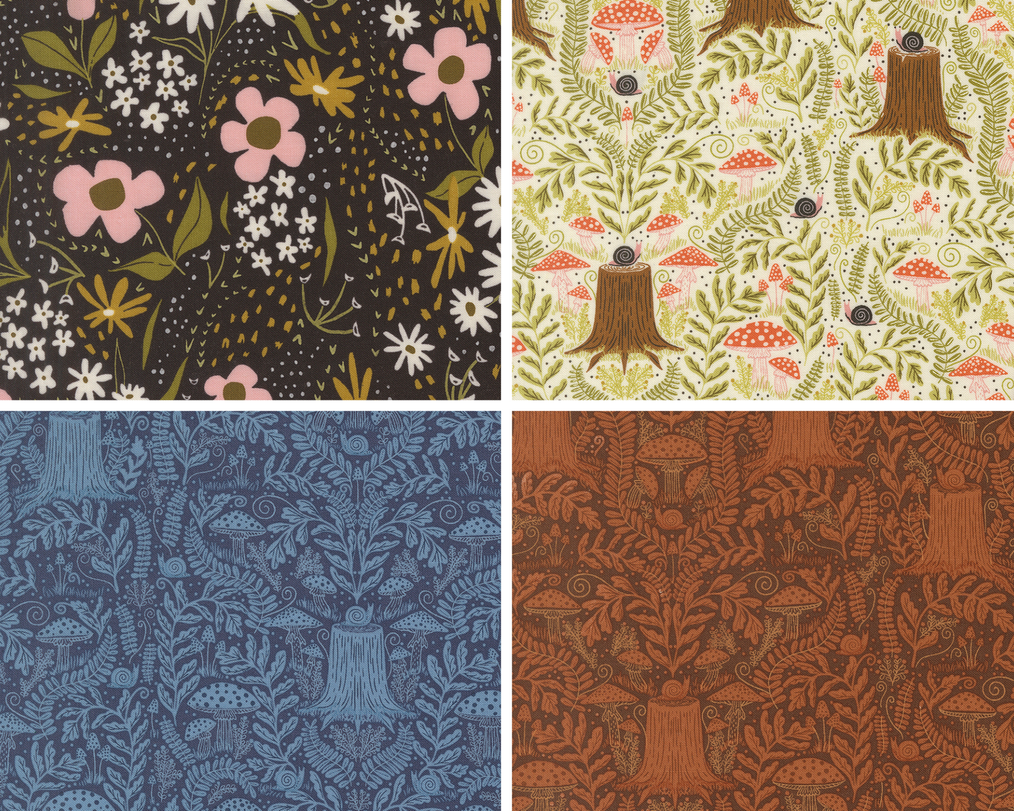 Four different floral fabric patterns and woodland fabrics motifs arranged in a grid.