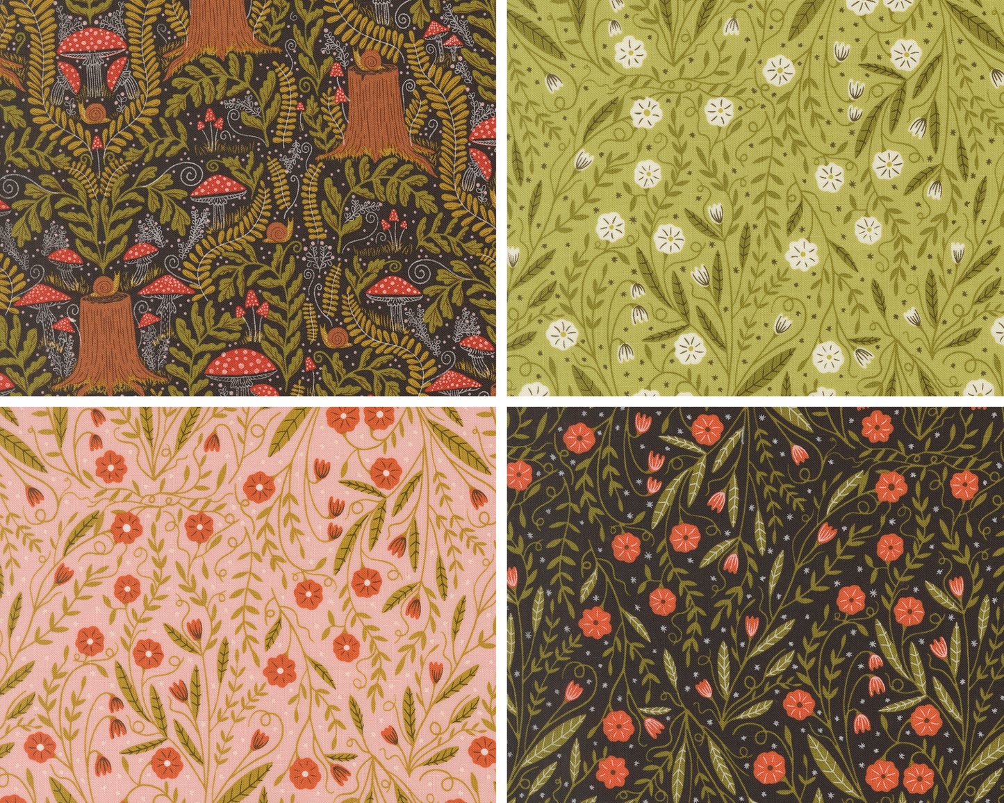 Four different floral and nature-themed patterns arranged in a grid.
