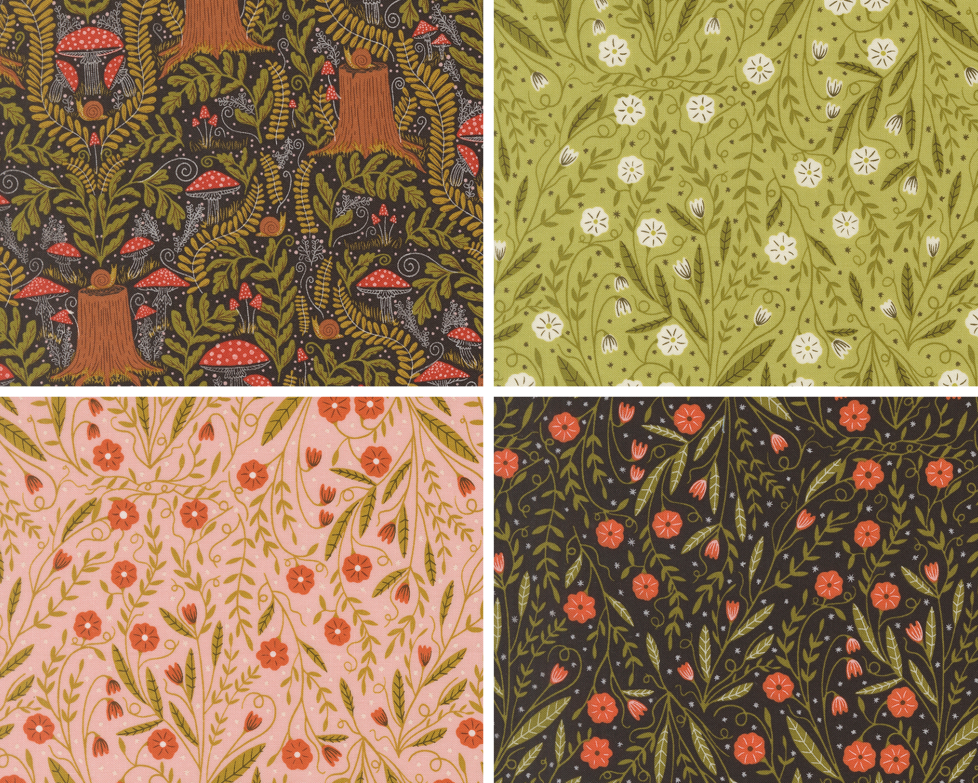 Four different floral and nature-themed patterns arranged in a grid.
