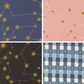 Four fabric patterns with star constellations and checkered designs.