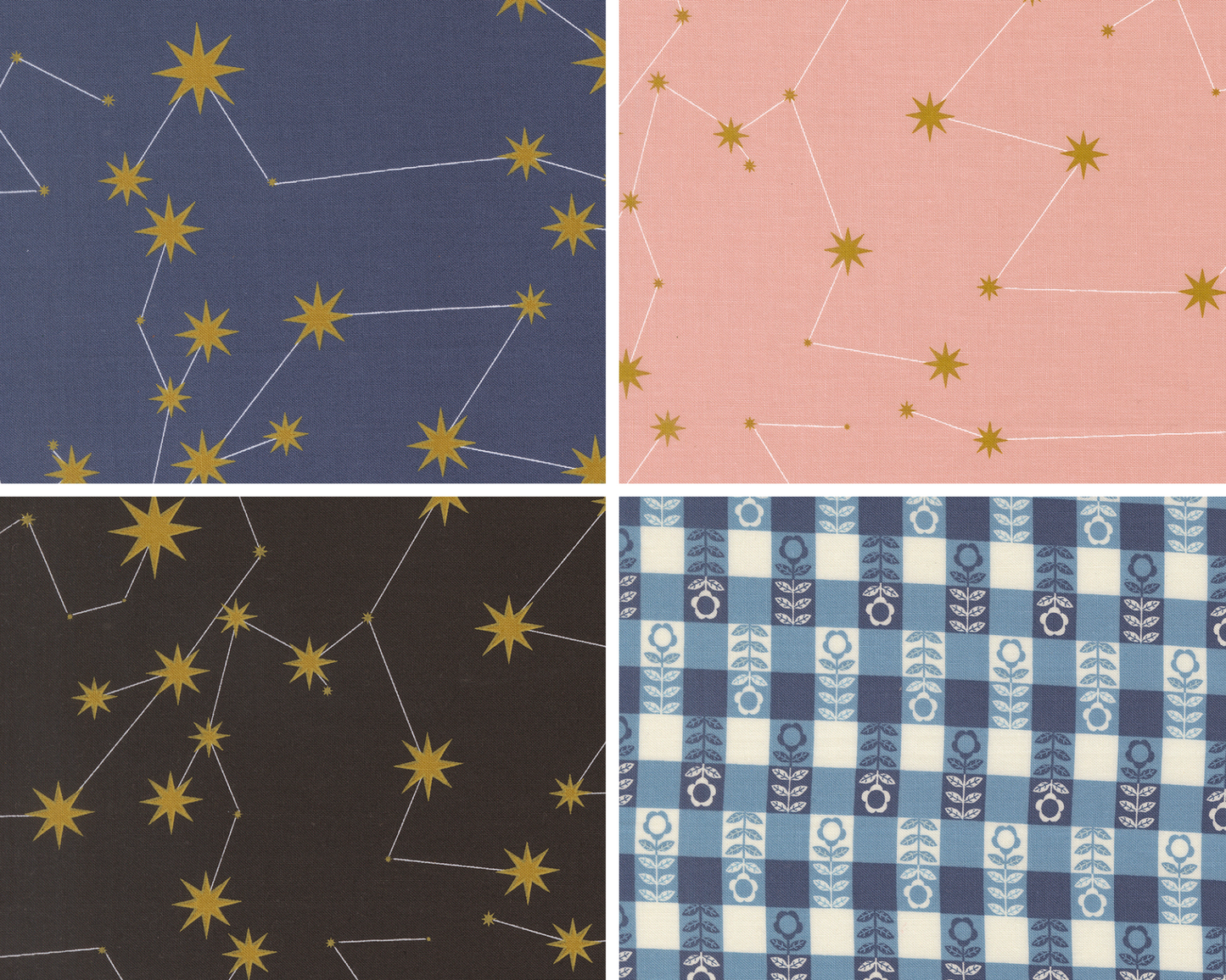Four fabric patterns with star constellations and checkered designs.