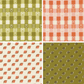 Four different checkered and snail patterned fabric swatches.