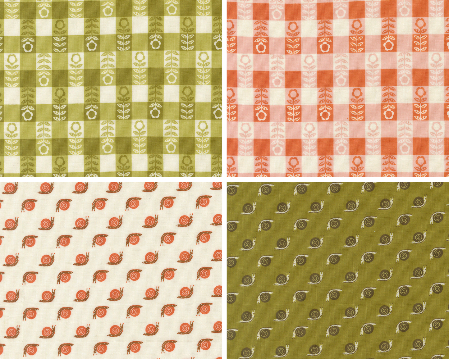 Four different checkered and snail patterned fabric swatches.
