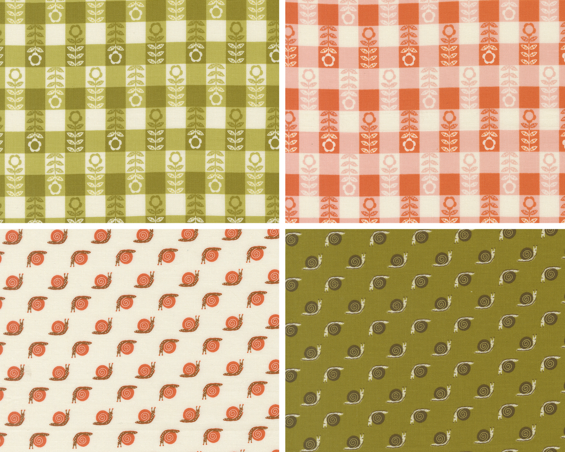 Four different checkered and snail patterned fabric swatches.