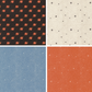 Four different snail patterned tiles in black, and starburst patterns in white, blue, and orange.