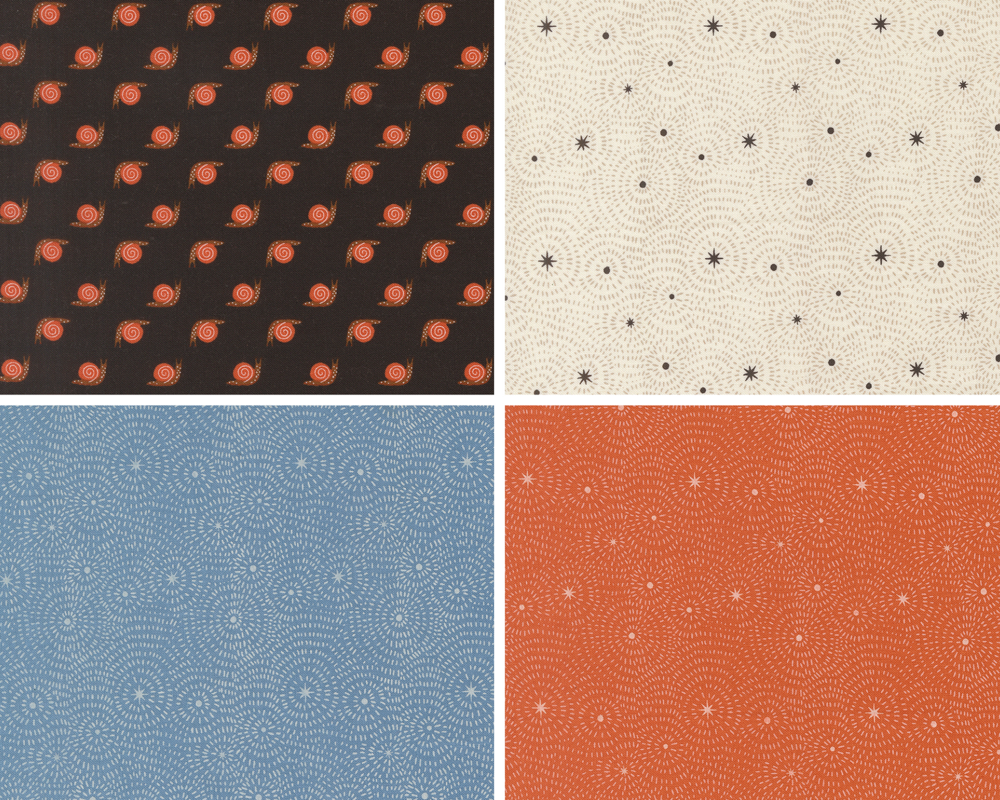 Four different snail patterned tiles in black, and starburst patterns in white, blue, and orange.