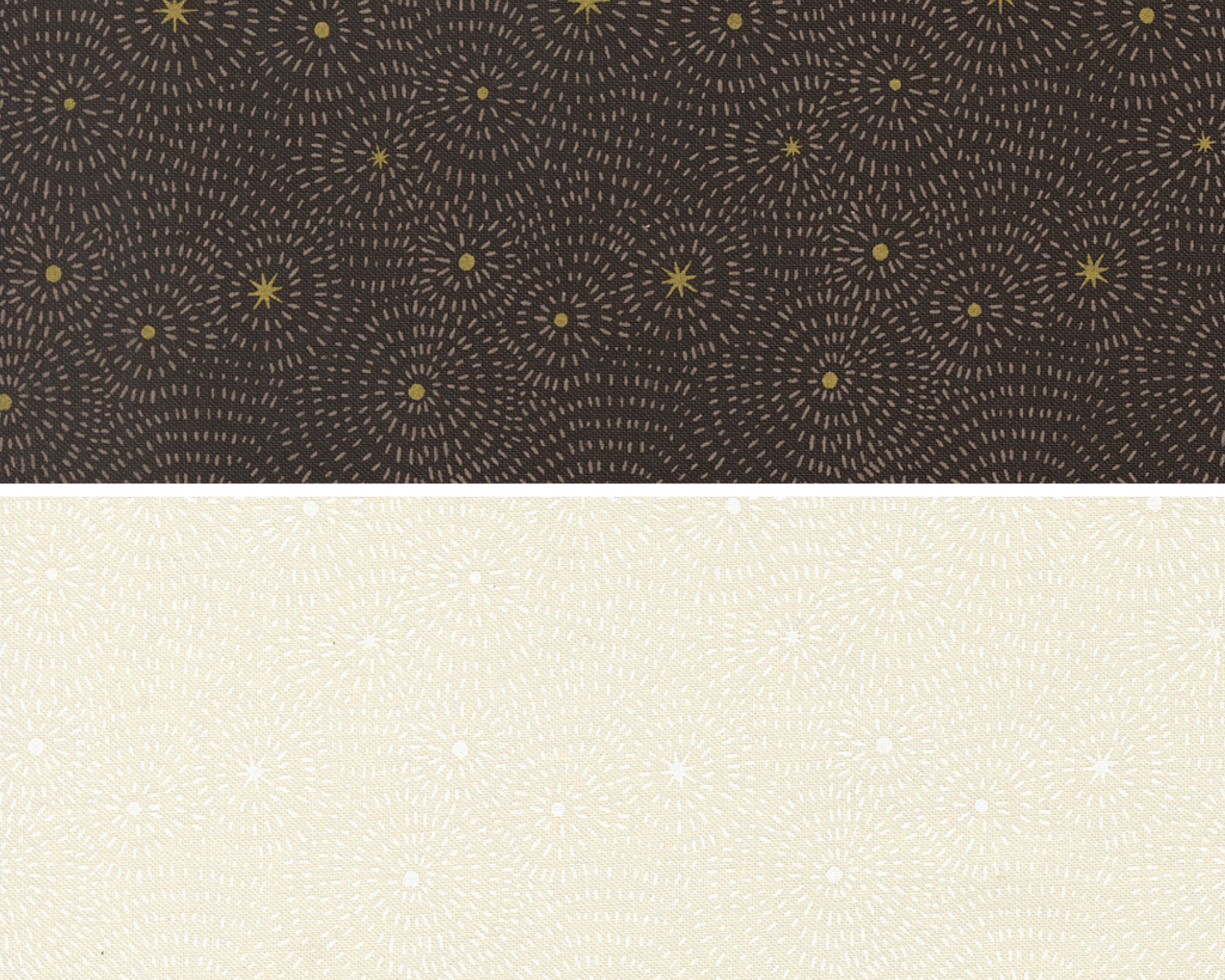 Two fabric swatches featuring starburst designs. One in black and one in white on white tonal.