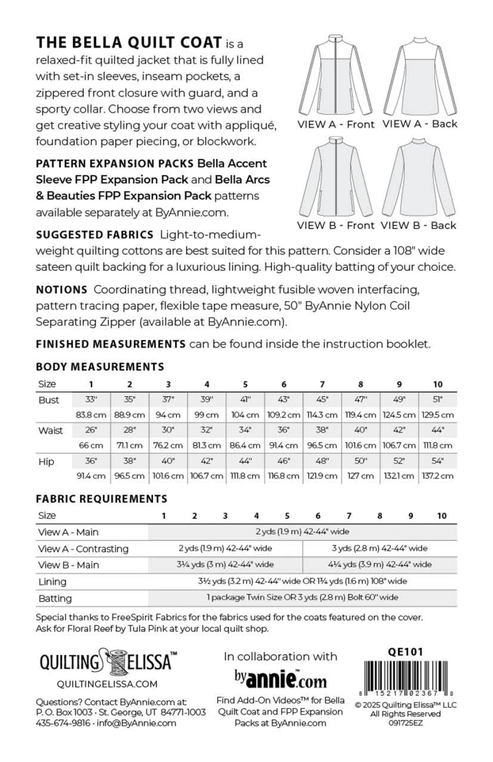 Patterned quilt coat design with fabric requirements and measurements on a white background