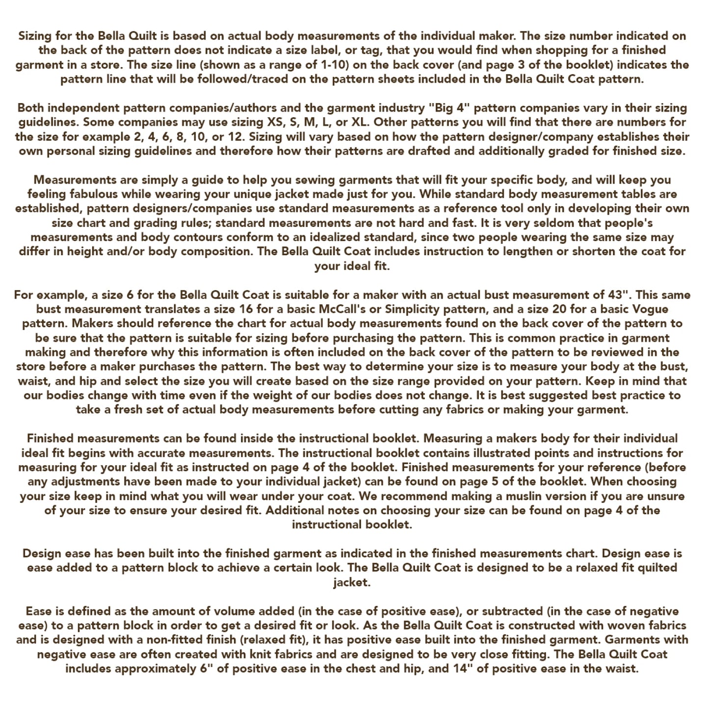 Text document explaining sizing information for the Bella Quilt Coat pattern.