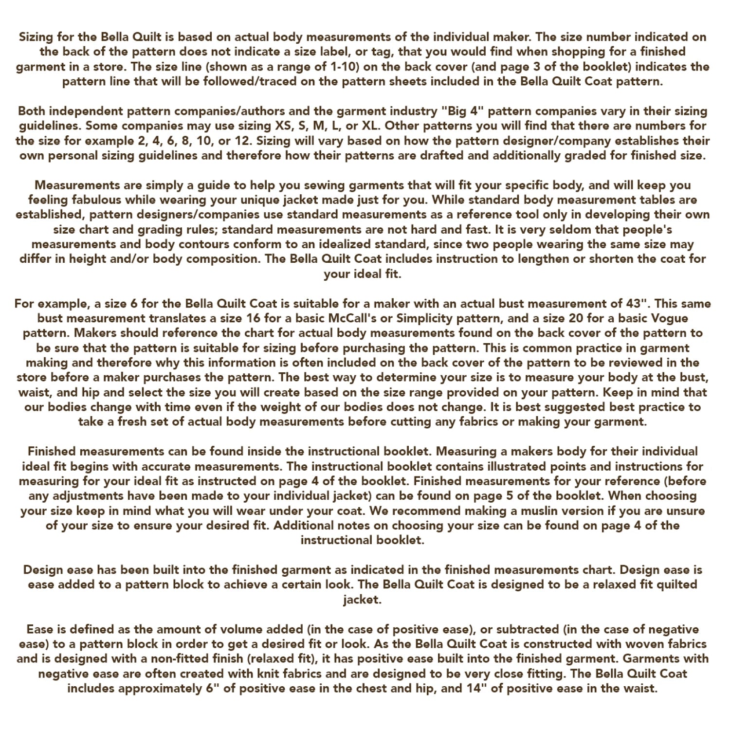 Text document explaining sizing information for the Bella Quilt Coat pattern.