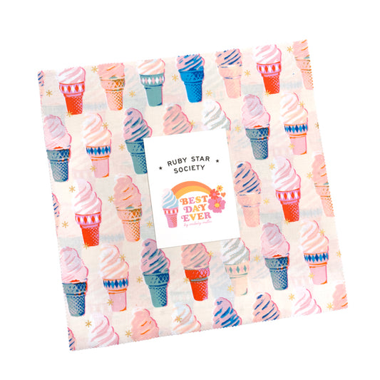 Best Day Ever Layer Cake Image. Top Fabric with ice cream cone pattern and Ruby Star Society label on a white background