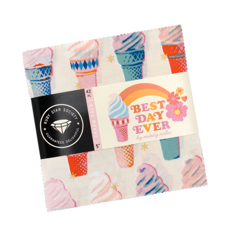 Best Day Ever Charm Pack by Melody Miller for Ruby Star Society featuring top fabric square with ice cream cones.