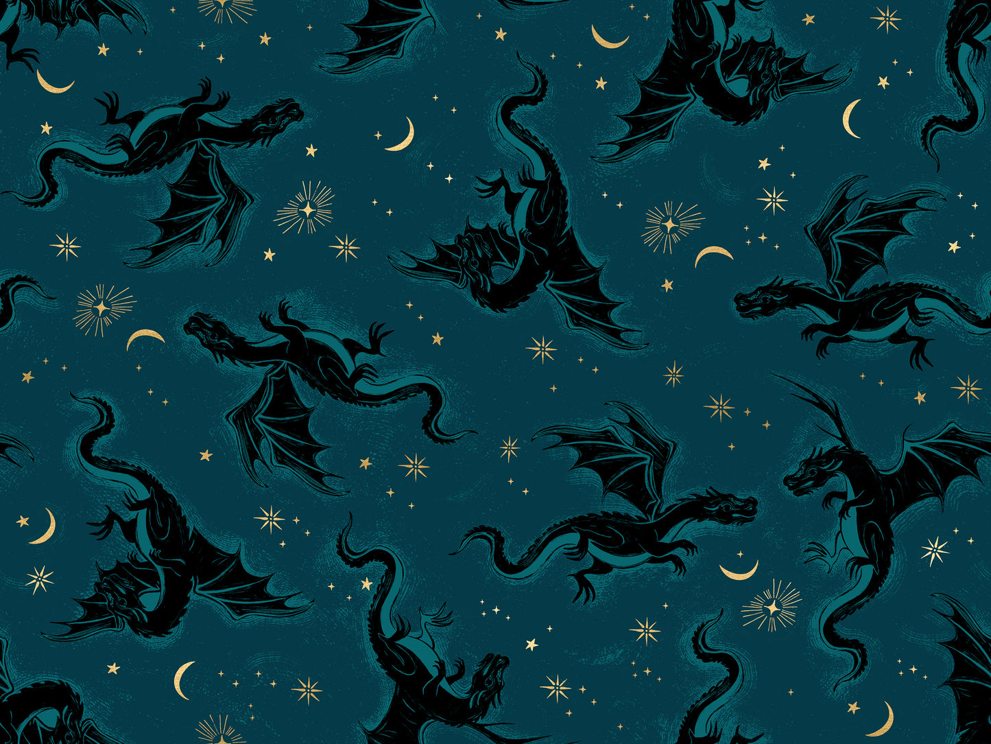 Pattern of dragons and stars on a dark blue background with gold metallic accents.