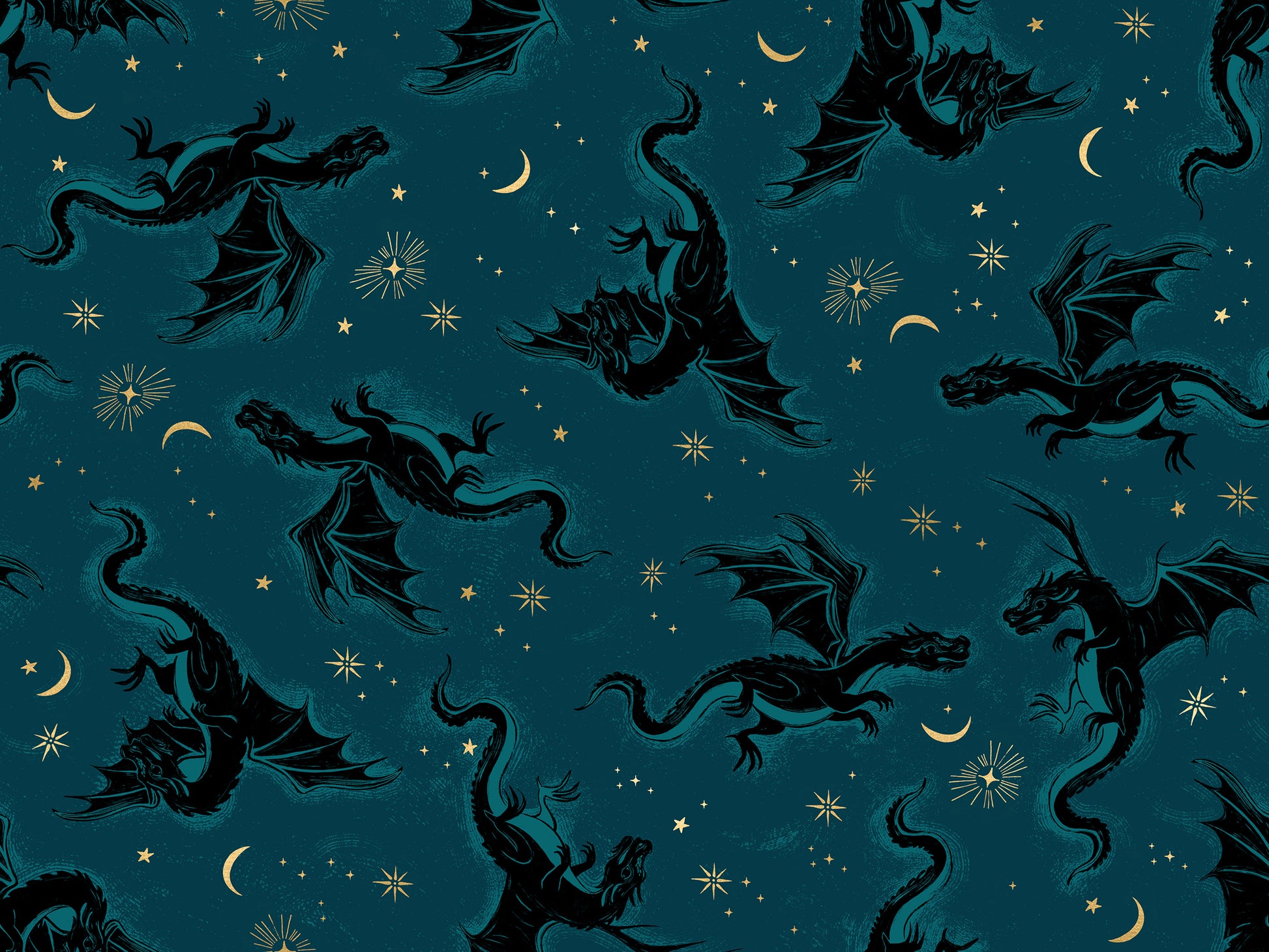 Pattern of dragons and stars on a dark blue background with gold metallic accents.