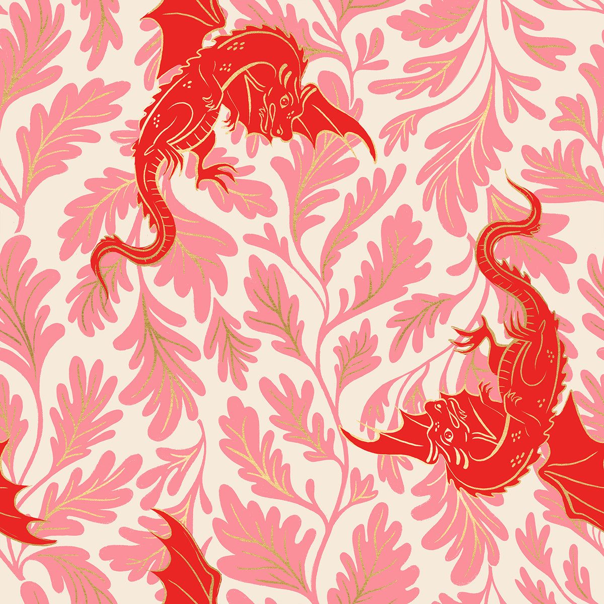 Pattern of canvas fabric with red dragons and pink and metallic gold leaves on a light background