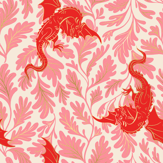 Pattern of canvas fabric with red dragons and pink and metallic gold leaves on a light background