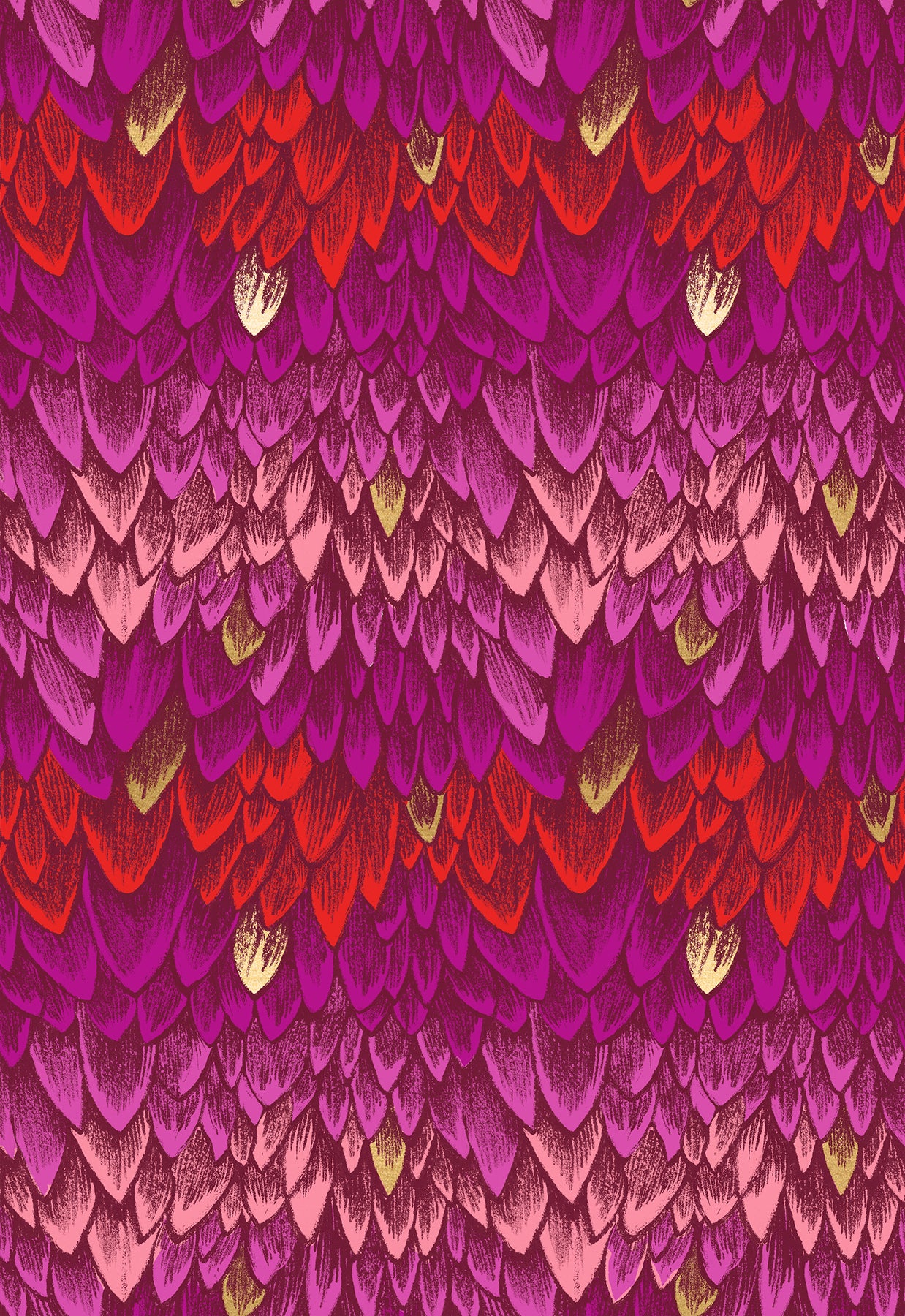 Fabric with pink and red dragon scale pattern, with accents of metallic gold scales.