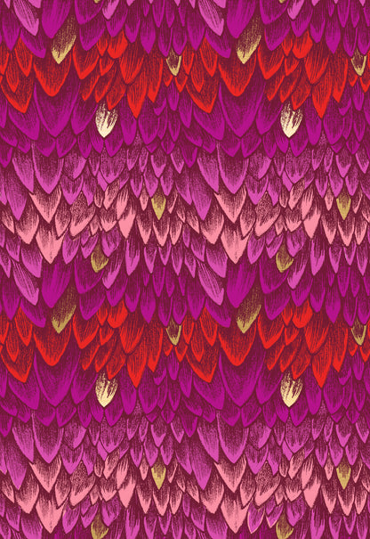 Fabric with pink and red dragon scale pattern, with accents of metallic gold scales.