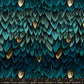 Fabric with a blue tonal dragon scale pattern, with accents of metallic gold scales and a ruler for scale.