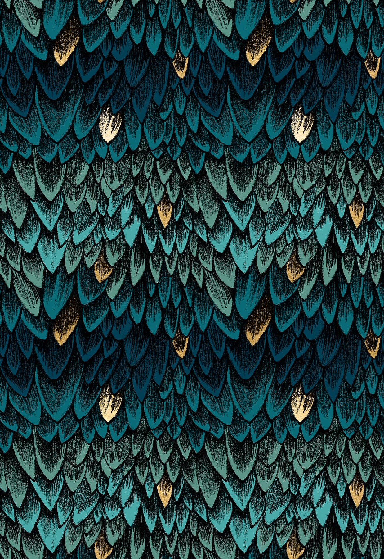Fabric with a blue tonal dragon scale pattern, with accents of metallic gold scales.