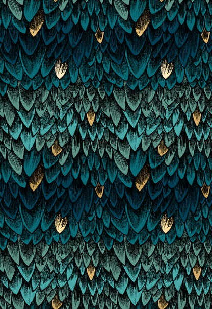 Fabric with a blue tonal dragon scale pattern, with accents of metallic gold scales.