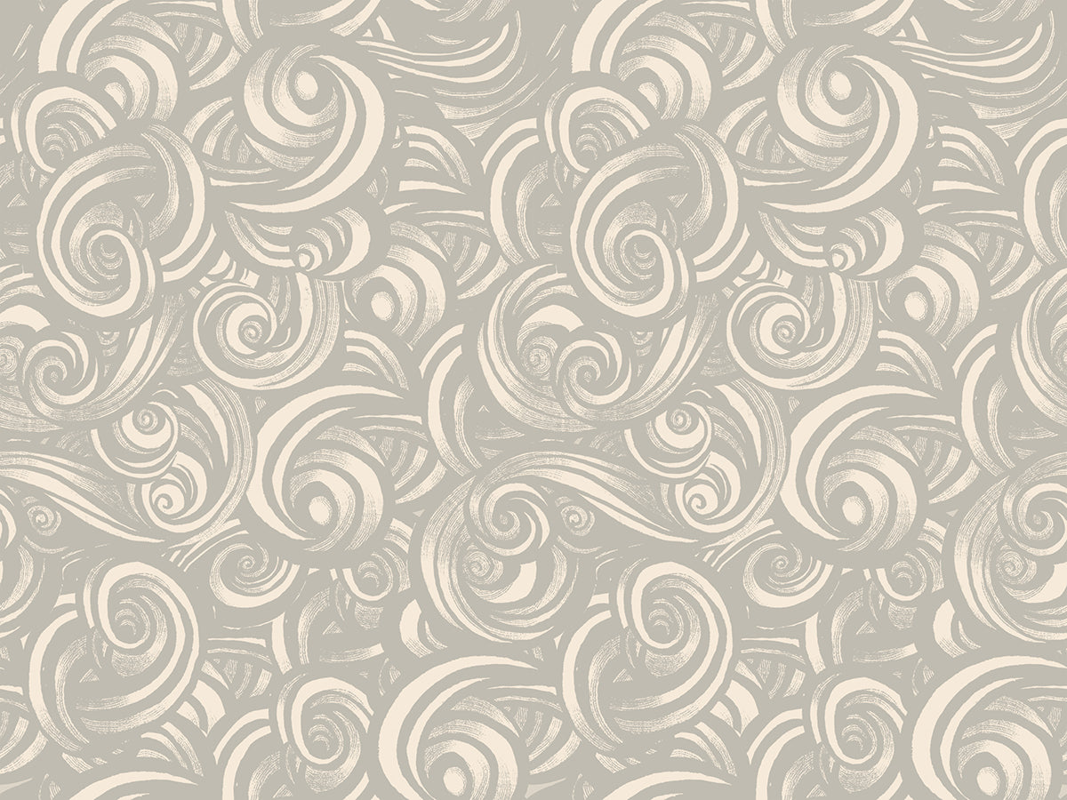 Patterned fabric with swirling designs in gray and white on a gray background.