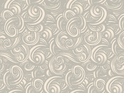 Patterned fabric with swirling designs in gray and white on a gray background.