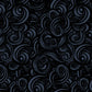 Patterned fabric with swirling designs in gray and black on a black background.