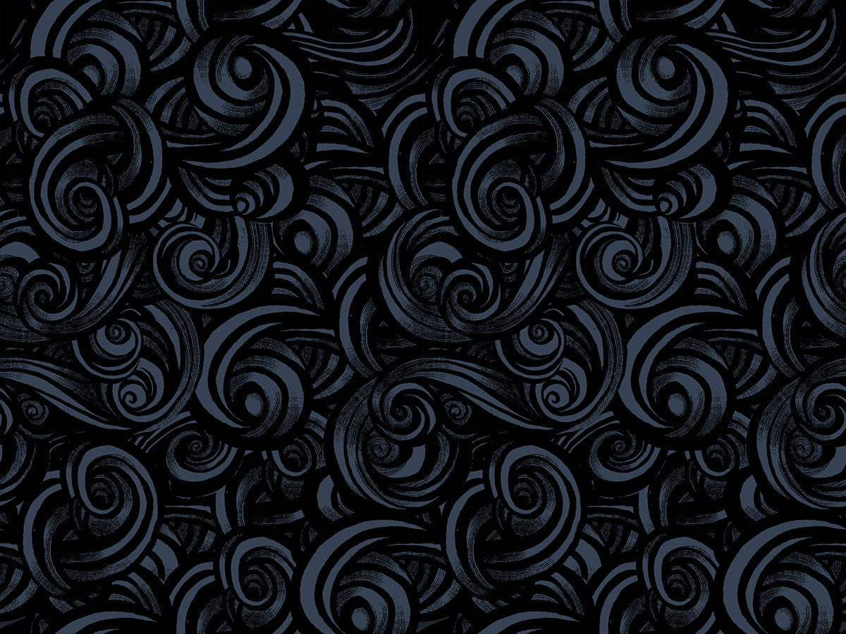 Patterned fabric with swirling designs in gray and black on a black background.
