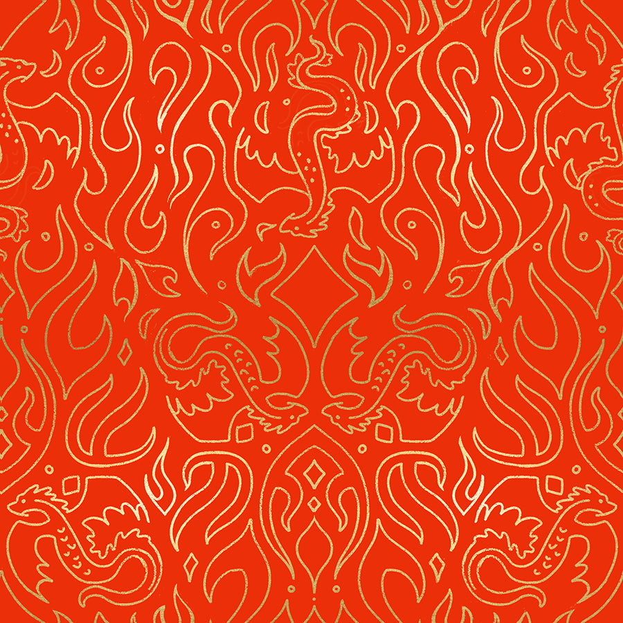 Fabric pattern with gold line art of dragons and flames on a red background.