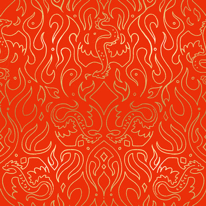 Fabric pattern with gold line art of dragons and flames on a red background.
